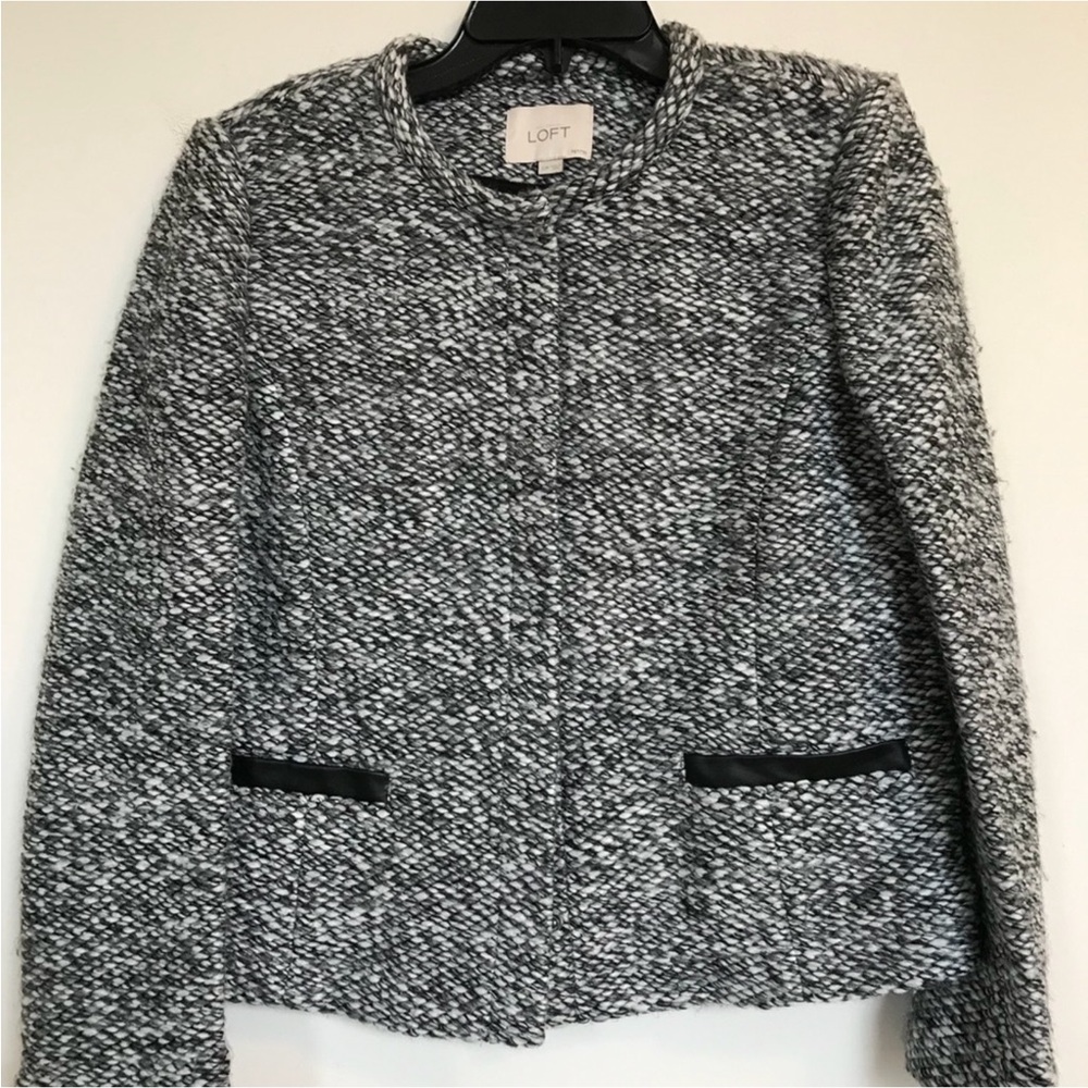 Ann Taylor Loft  Black White Tweed Jacket With Faux Leather Trimmed Pockets